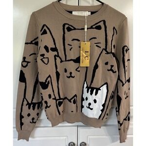 NWT‎ Women's Lizette Collection Cat Print Knit Pullover Sweater Size Small